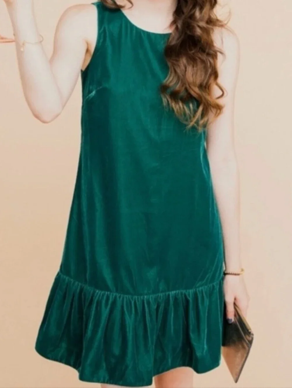 J Crew Velvet Ruffle Hem Shift Dress Green Sz 6